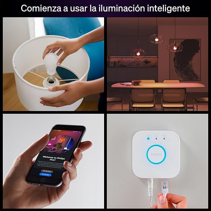 PHILIPS Hue Essential Starter Kit: Hue Bridge, 2 Essential E26 Smart Bulbs, White & Color Ambiance, 2200K-6500K, Dimmable LED Bulbs, Works with Alexa, Google Assistant, Samsung SmartThings, Apple Home