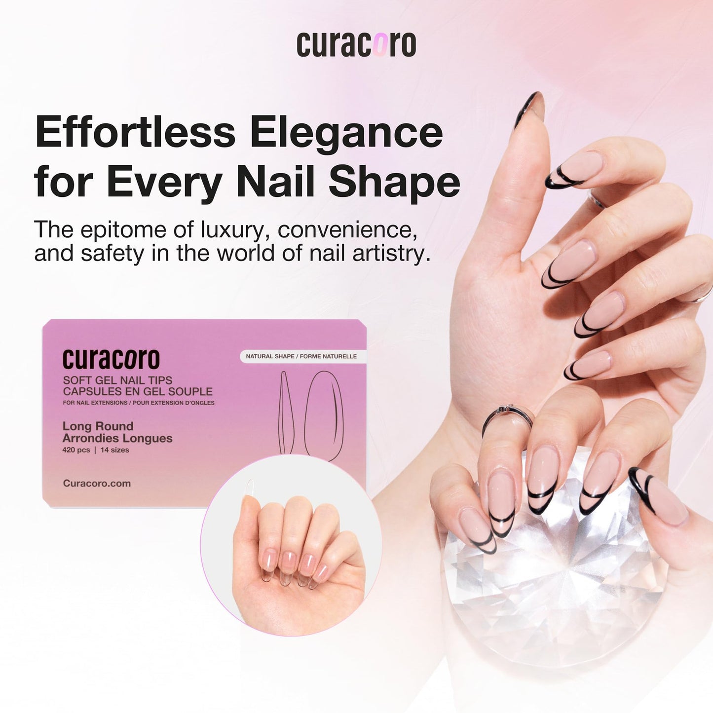 Curacoro Natural Long Round Gel Nail Tips 420Pcs, Clear Full Cover Soft Acrylic Tips 14 Sizes, Easy to Use, Long-Lasting, Glossy Finish
