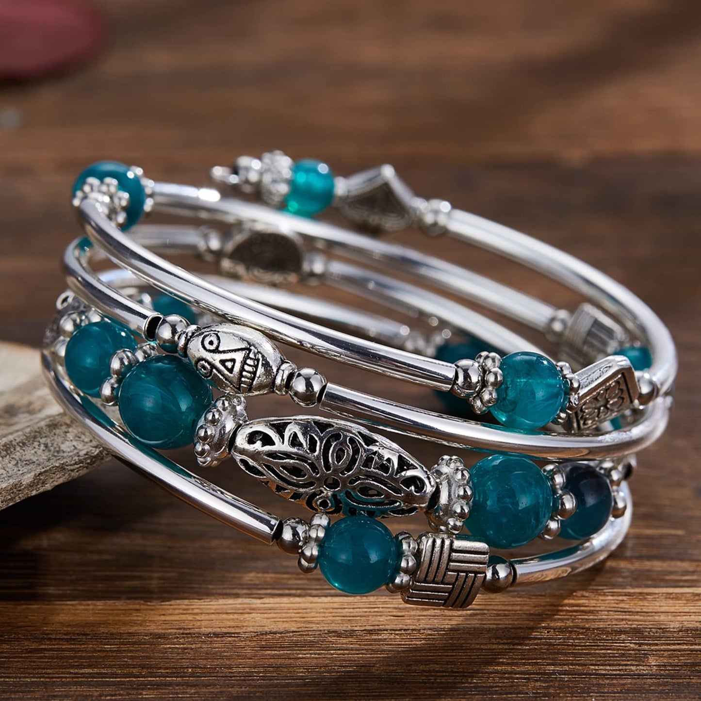 BULINLIN Layered Wrap Bangle Turquoise Bracelet - Bead Bracelet with Natural Agate Stone, Gifts For Women (03-Sea green)
