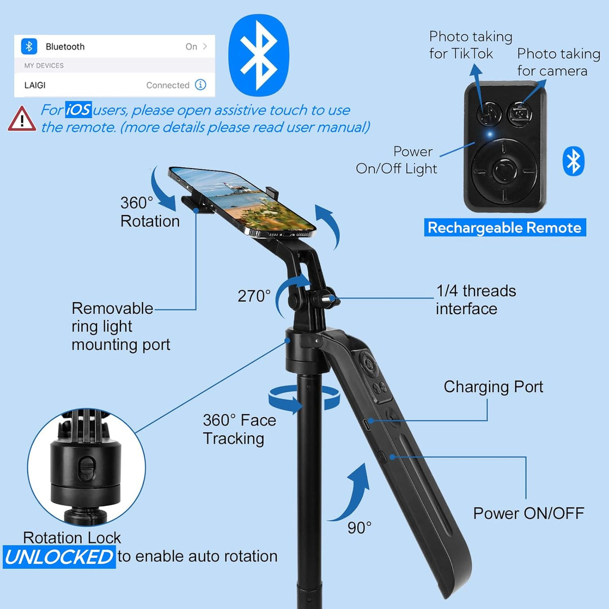 70.9" Auto Face Tracking Tripod 360° Rotation with Stand & Light, Phone Camera Holder Stand with Remote & Gesture Control, Extendable Selfie Stick for GoPro/Travel/Vlog/Video/Tiktok/Live Streaming