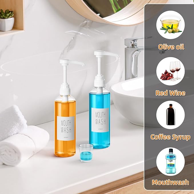 VITVITI Plastic Mouthwash Dispenser for Bathroom, 17 OZ Pump Mouth Wash Container Bottle with Cup, Clear Refillable Mouthwash Dispenser with Labels, Set of 2