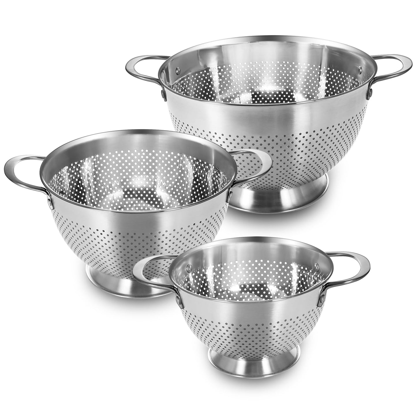 Stainless Steel Colander Set of 3 (1.5-3-5Quart) | Durable Rice and Pasta Strainer with Handle | Oversized Handles | Nesting Design | Rust-Resistant & Dishwasher Safe