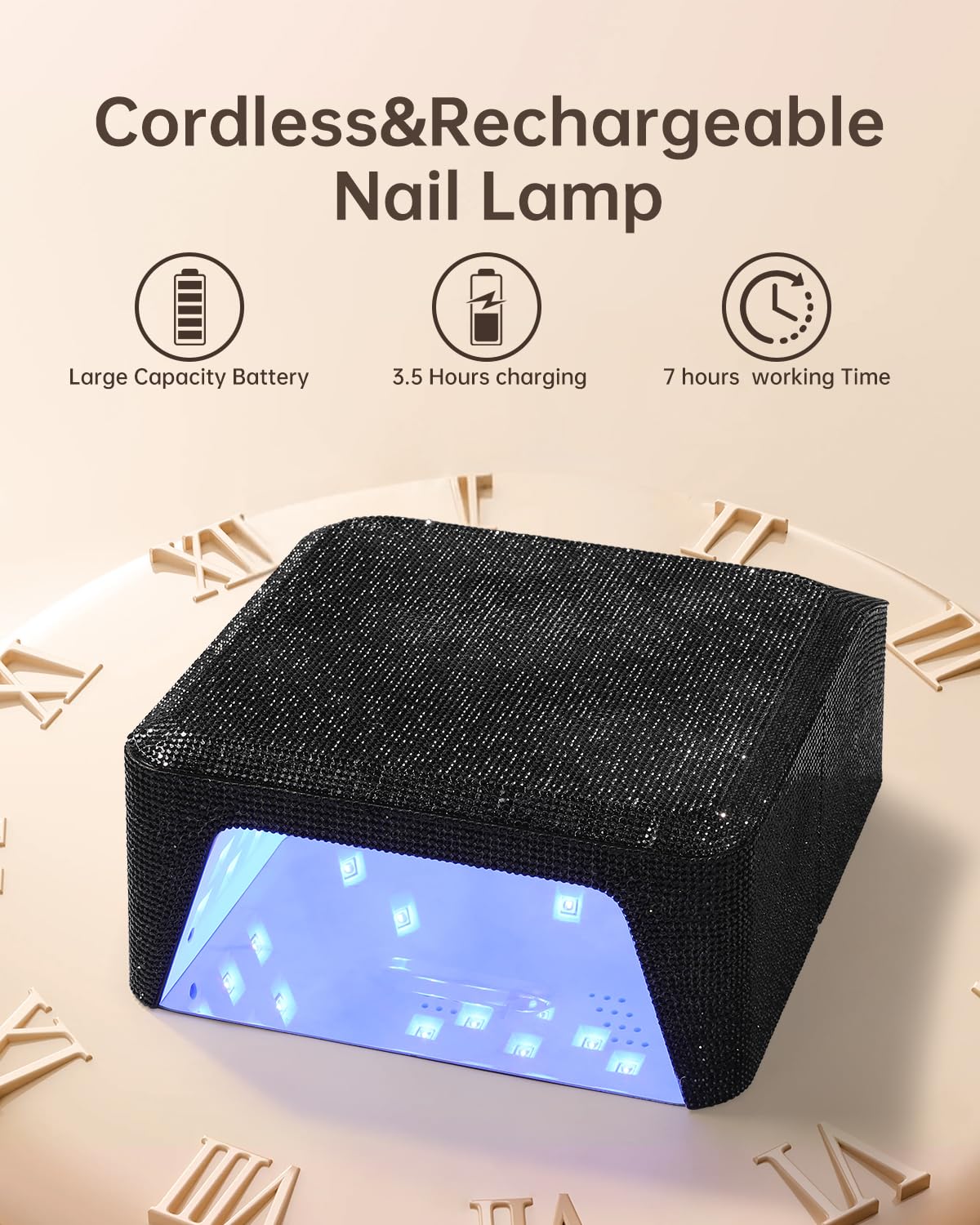 CHRISTINE SHELLY UV Nail Lamp, Rechargeable LED Nail Dryer Sparkly Gel Polish Light 4 Timer Setting Professional Quick Dry Curing Lamp with Display Auto Sensor for Salon & Home, Black Diamond