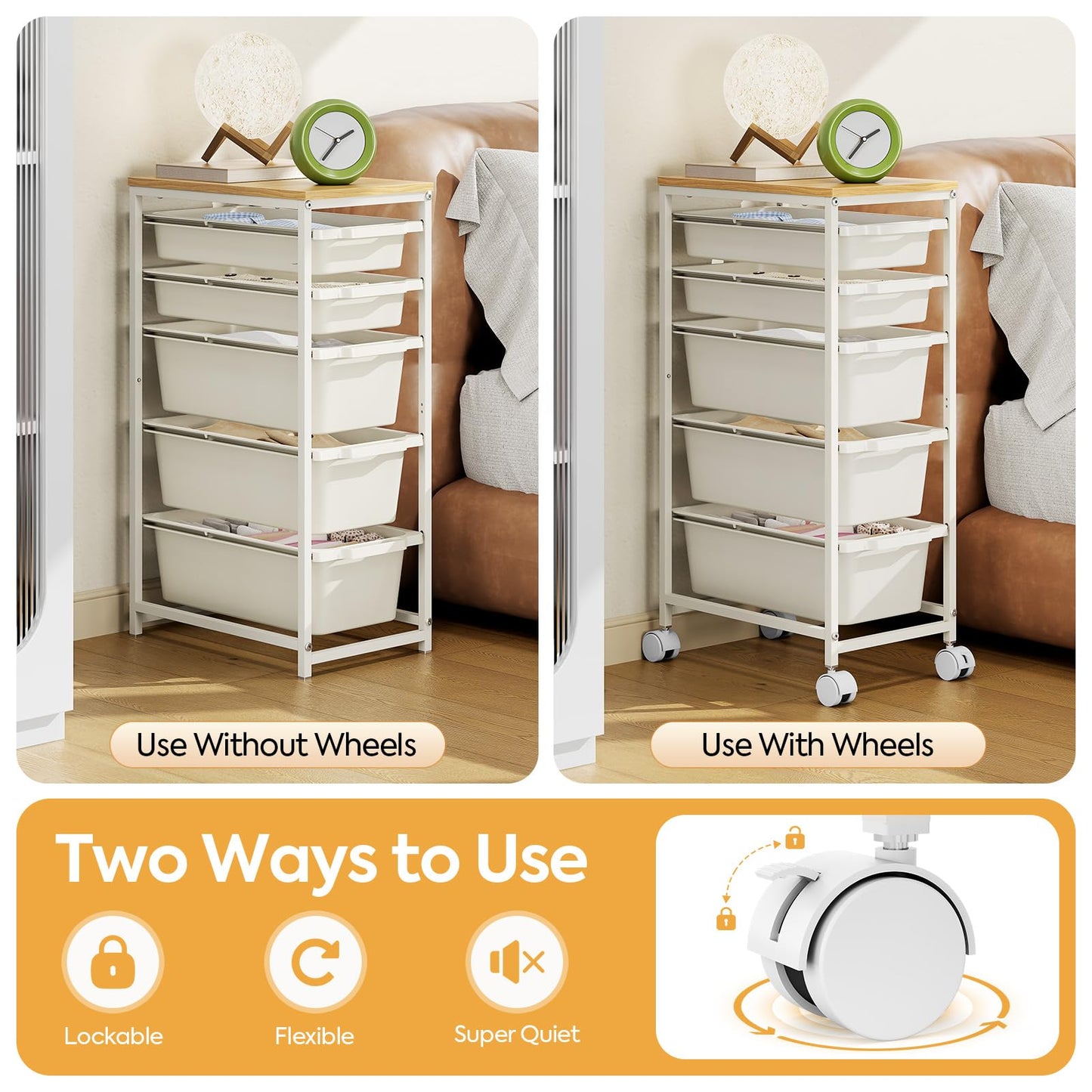 Rolling Storage Cart with 5 Drawers, Craft Organizer, Wooden Tabletop Utility Cart for Bedroom, Children's Room and Office Organization, Table Side Trolley with Lockable Wheels, White
