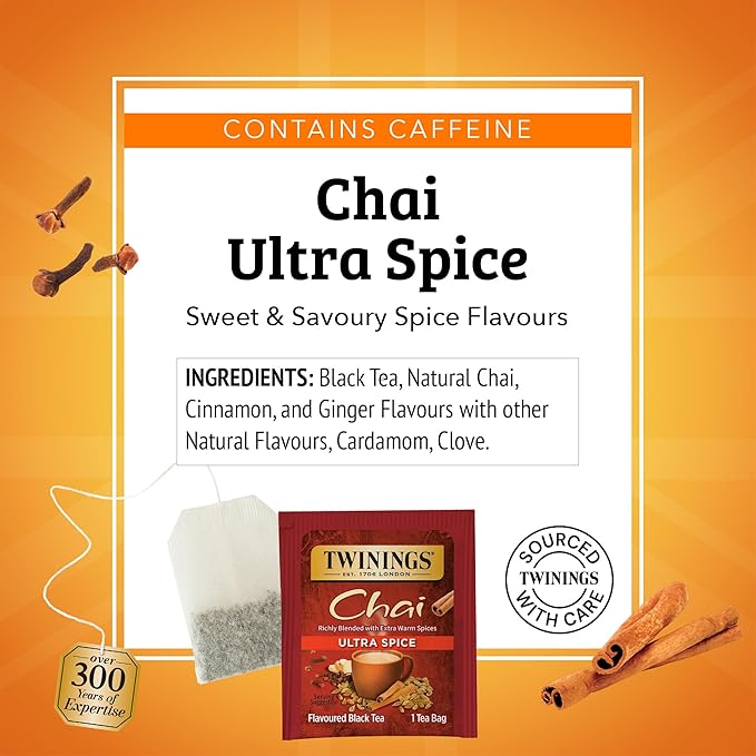 Twinings Chai Tea, Ultra Spice Chai Tea Bags with Cinnamon, Ginger, Cardamon, Clove for a Spicy Chai Tea Latte, 20 Tea Bags