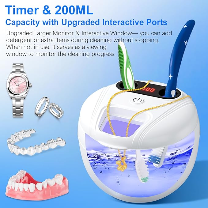 Retainer Cleaner, Upgraded Open-Window 45kHz Retainer Cleaner 200ML Dental Cleaning Pod with 4 Modes & Digital Timer
