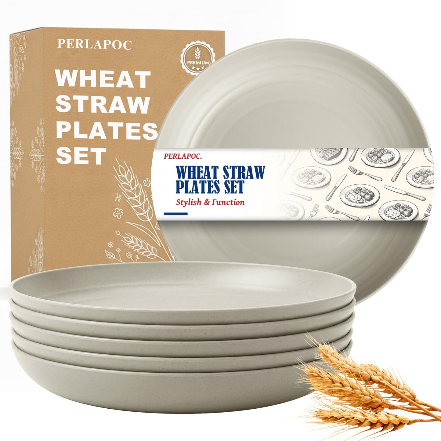 Perlapoc Wheat Straw Plates 6-Piece Set, 10 Inch Unbreakable Deep Dinner Plates, Reusable Plastic Plates Microwave and Dishwasher Safe BPA-Free for Family, Daily Use, LightGrey