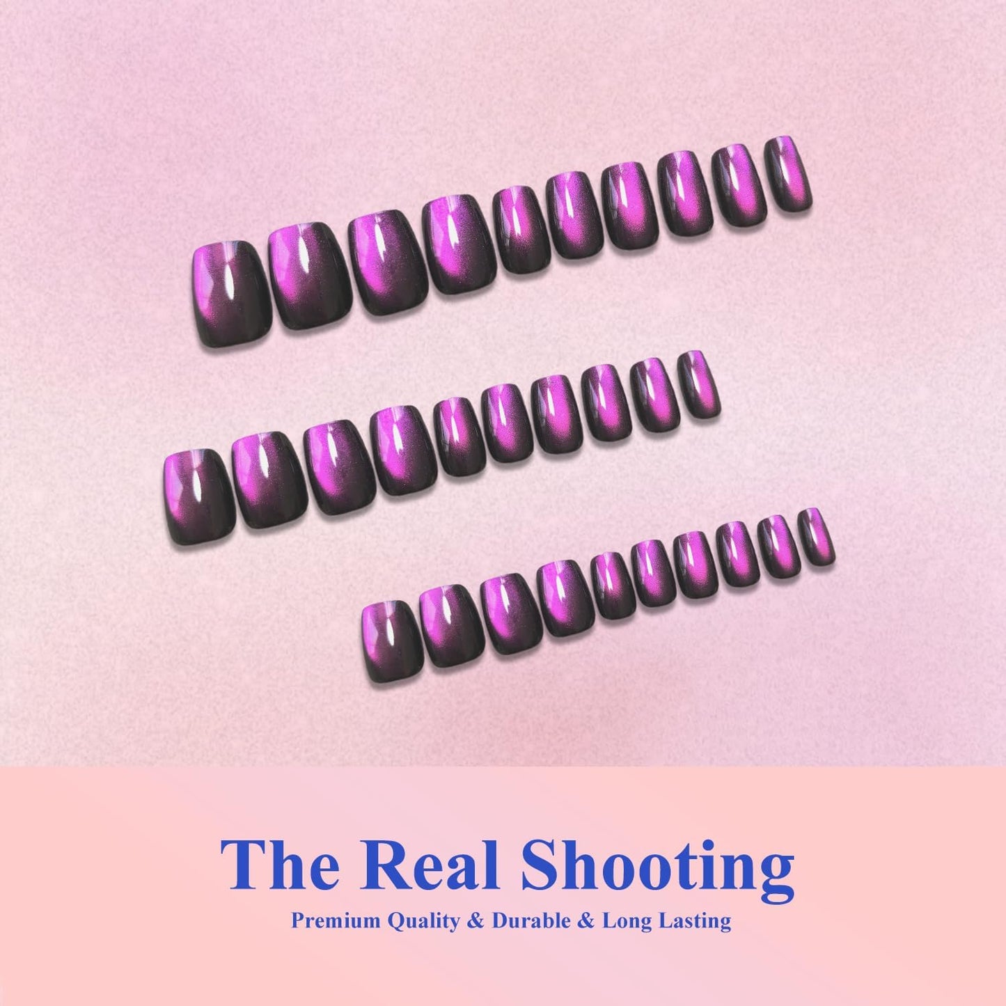 KQueenest Cat Eye Press On Nails Short - Dark Purple Press On Nails Square, 30 Pcs 15 Sizes Glitter Black Fake Nails Press ons, Thick Quality, Reusable Small Glue on Nail for Women Goth Party