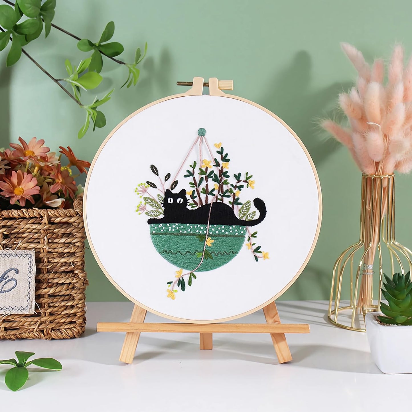 RidaaFri Embroidery Kit for Beginners, Set of 3 Stamped DIY Kits with Cat, Floral, Plant Patterns for Adults, Includes Hoop, Needles, Floss, Step-by-Step Video Tutorial, Complete Sewing Craft Supplies