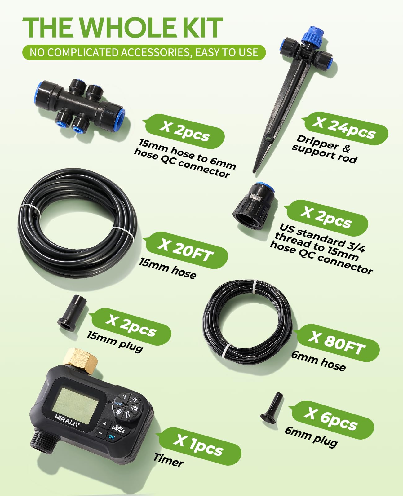 HIRALIY 100FT Automatic Drip Irrigation Kits with Garden Timer, Garden Watering System for Patio Lawn, Quick Connector Design Irrigation System Kit with Easy Programmable Water Timer
