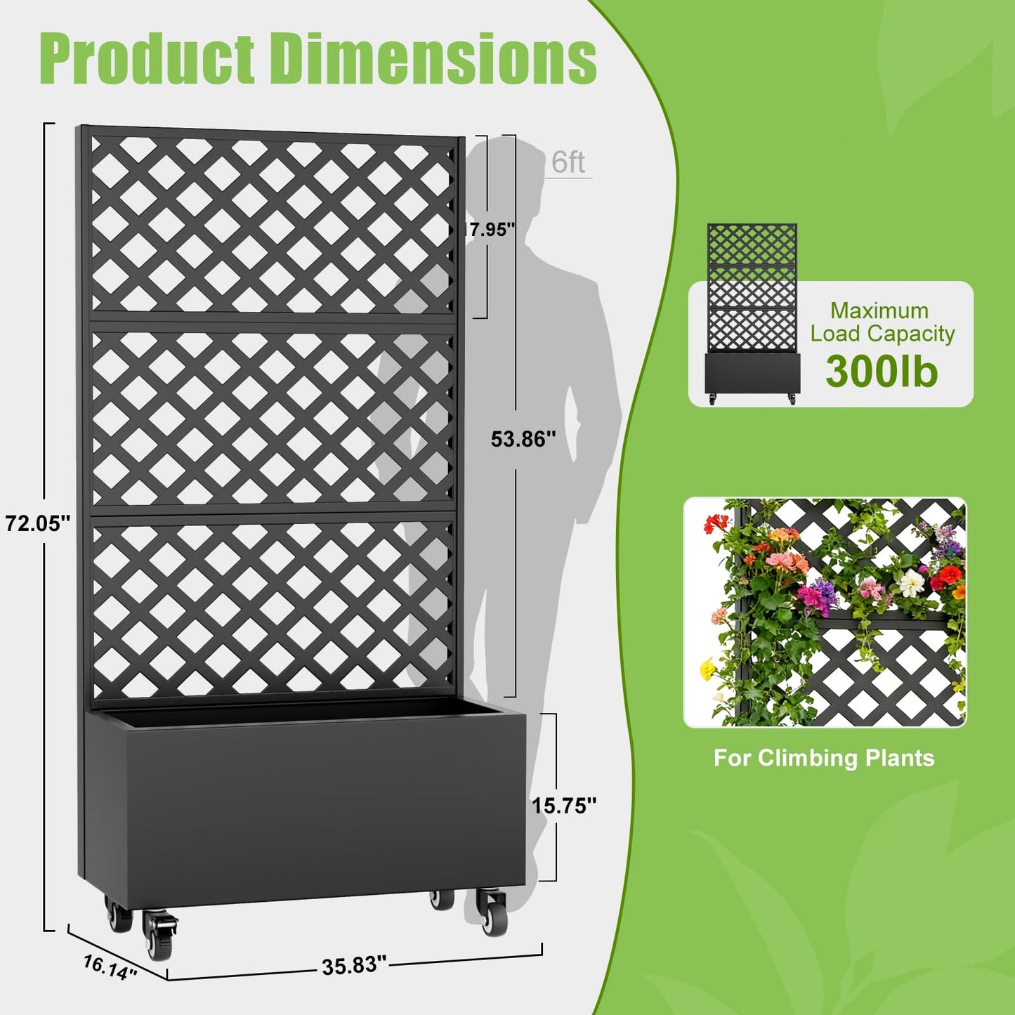 Luzfuego 72" Metal Planter Box with Trellis, Tall Outdoor Planter Box, Raised Garden Bed on Wheels for Climbing Plants, Outdoor Flower Planter with Drainage & Lockable Casters