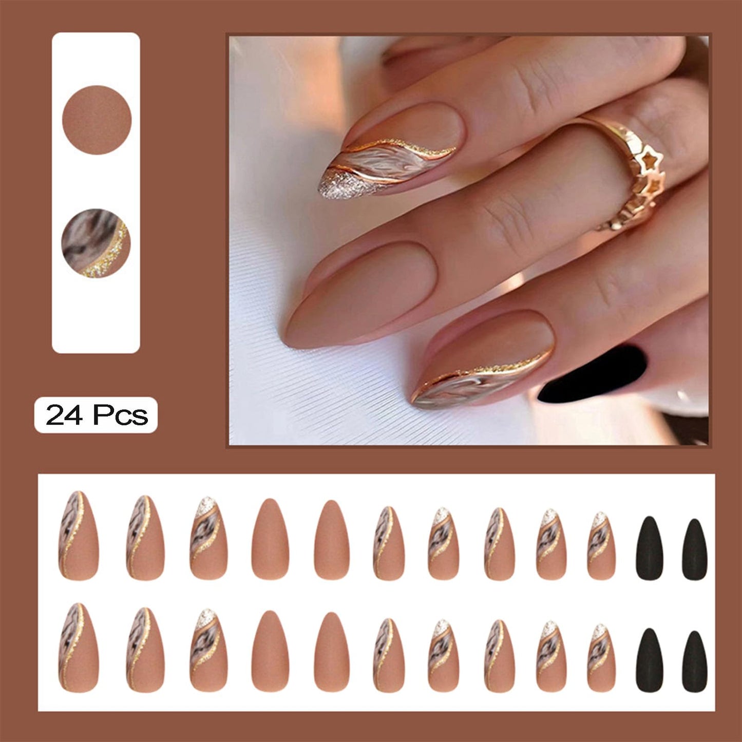Almond Press on Nails Medium Fake Nails Nude False Nails with Designs Gold Glitter Line Glue on Nail Marble Full Cover Acrylic Nails Brown Matte Stick on Nail for Women 24 Pcs