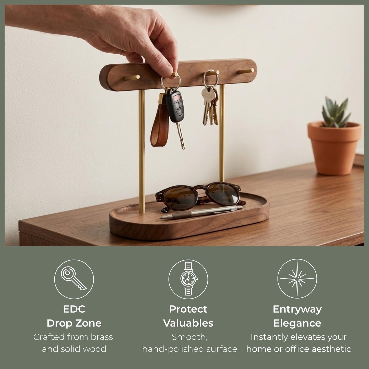 muso wood Walnut Key Stand for Entryway Table, Wooden Key Holder with 4 Hooks, Perfect for Key Trays, Valuables Trays, Jewelry Trays