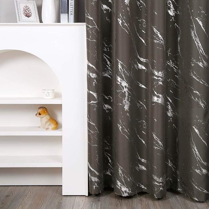 Taisier Home Silver Foil Print Linen Textured Curtains Geometric Marble Pattern Design Curtains for Living Room Thermal Insulated Window Treatment 2 Panels 95" L,Dark Grey and Silver Curtain Print