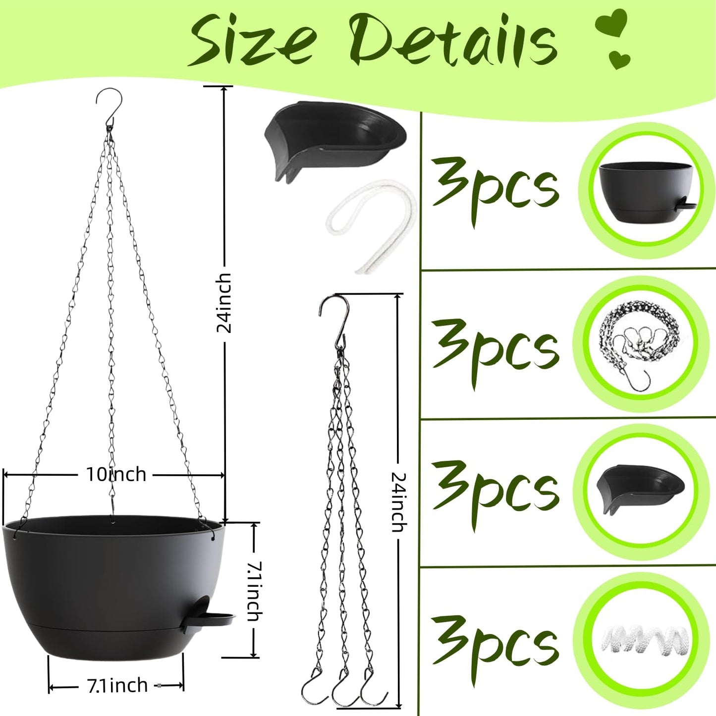 TESSTSY 3 Pack Hanging Planters for Indoor Outdoor Plants, 10 Inch Self Watering Hanging Pots for Plants, Plastic Hanging Flower Baskets for Plants Hanger with Drainage and Tray, Chain (Black)