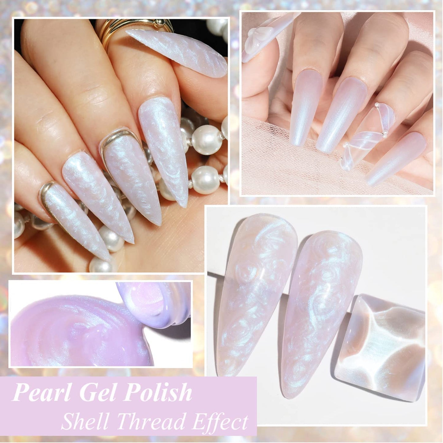 Vishine Pearl Gel Nail Polish Set 4 Color Pearlescent Shell GlitterMilky White Green Purple Shimmer Mermaid Nail Gel Polish Soak Off LED UV Curing Requires Swirl Thread Effect DIY Manicure 8ml