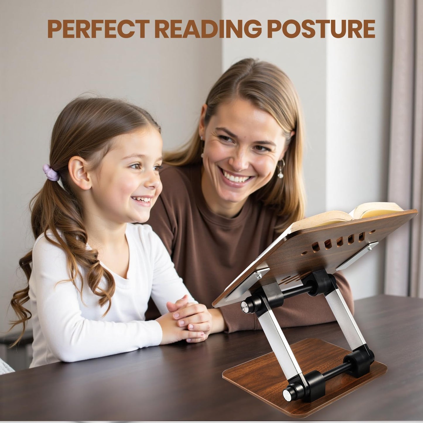 Book Stand for Reading,Book Holder with Metal Clips Cookbook Stand Hands-Free Button Adjustable Thick Bookshelf Foldable Laptop&e-Book Stand for Drawing Reading Novels Magazines (Walnut Wood Grain)