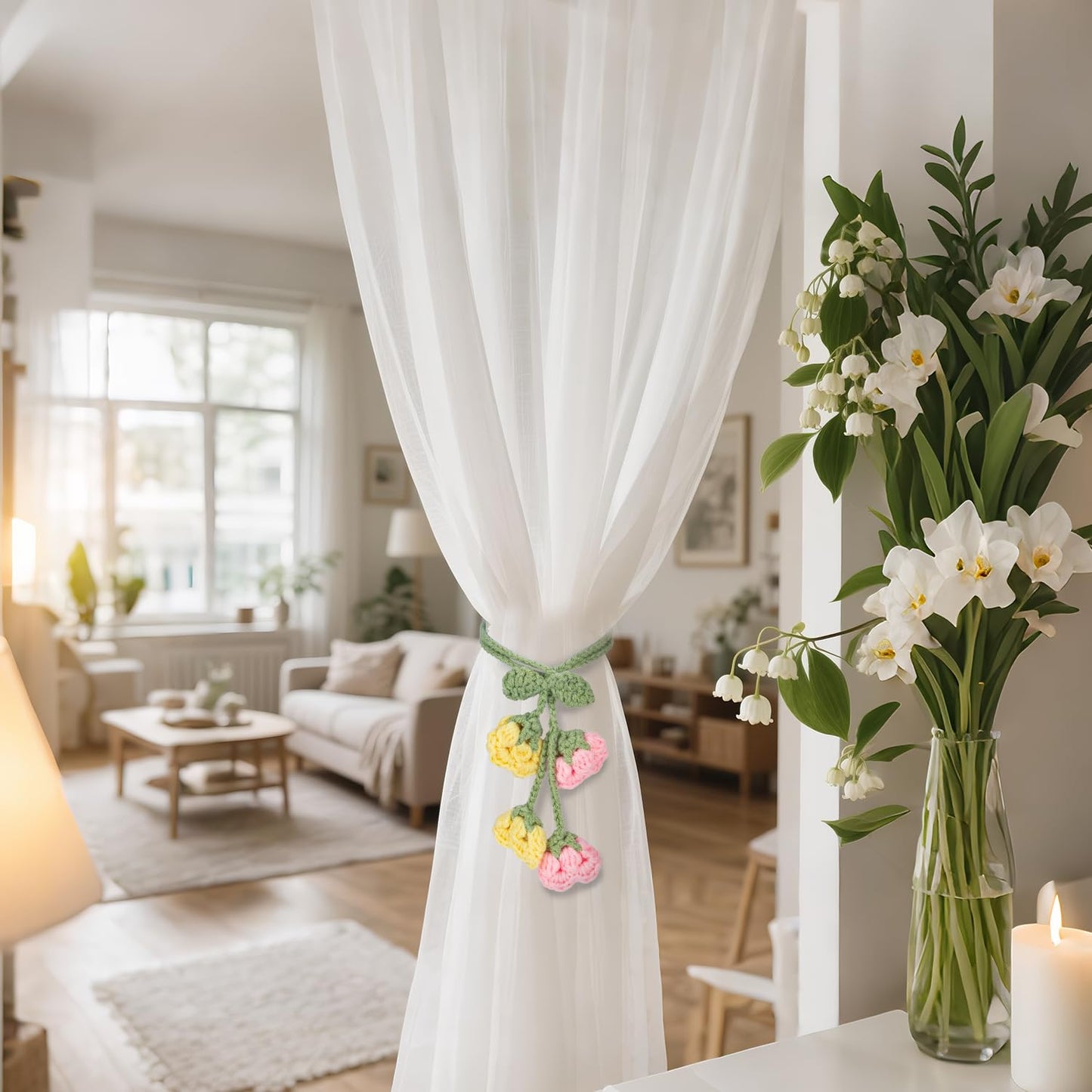 Flower Curtain Tiebacks, 4pcs Lily-of-The-Valley Curtains Holdbacks, Cute Curtain Holdbacks - No Drill Rope Holder, Drape Knitting Handmade for Nursery&Children's Room Decor (Pinkish/Yellow)