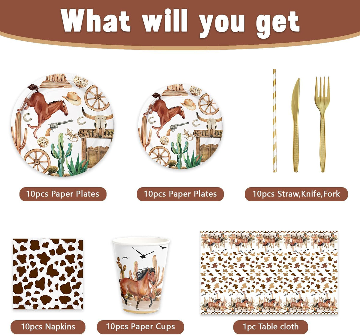 141pcs Cowboy Party Decorations,Cowboy Party Disposable Tableware Includes Dinner Plate Dessert Plate Paper Napkin Cup Knife Fork Straws Tablecloth Western Cowboy Baby Shower Supplies set
