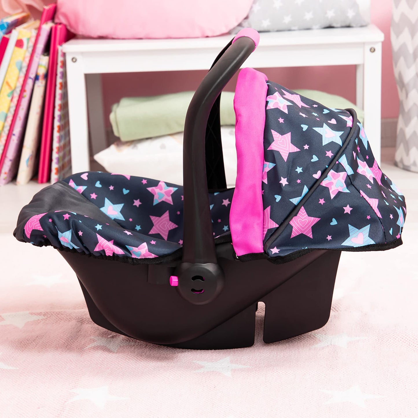 Bayer Doll Car Seat for 18 Inch Dolls, Toy Car Seat with Sun Canopy, Turquoise Pink Stars, Ages 3+