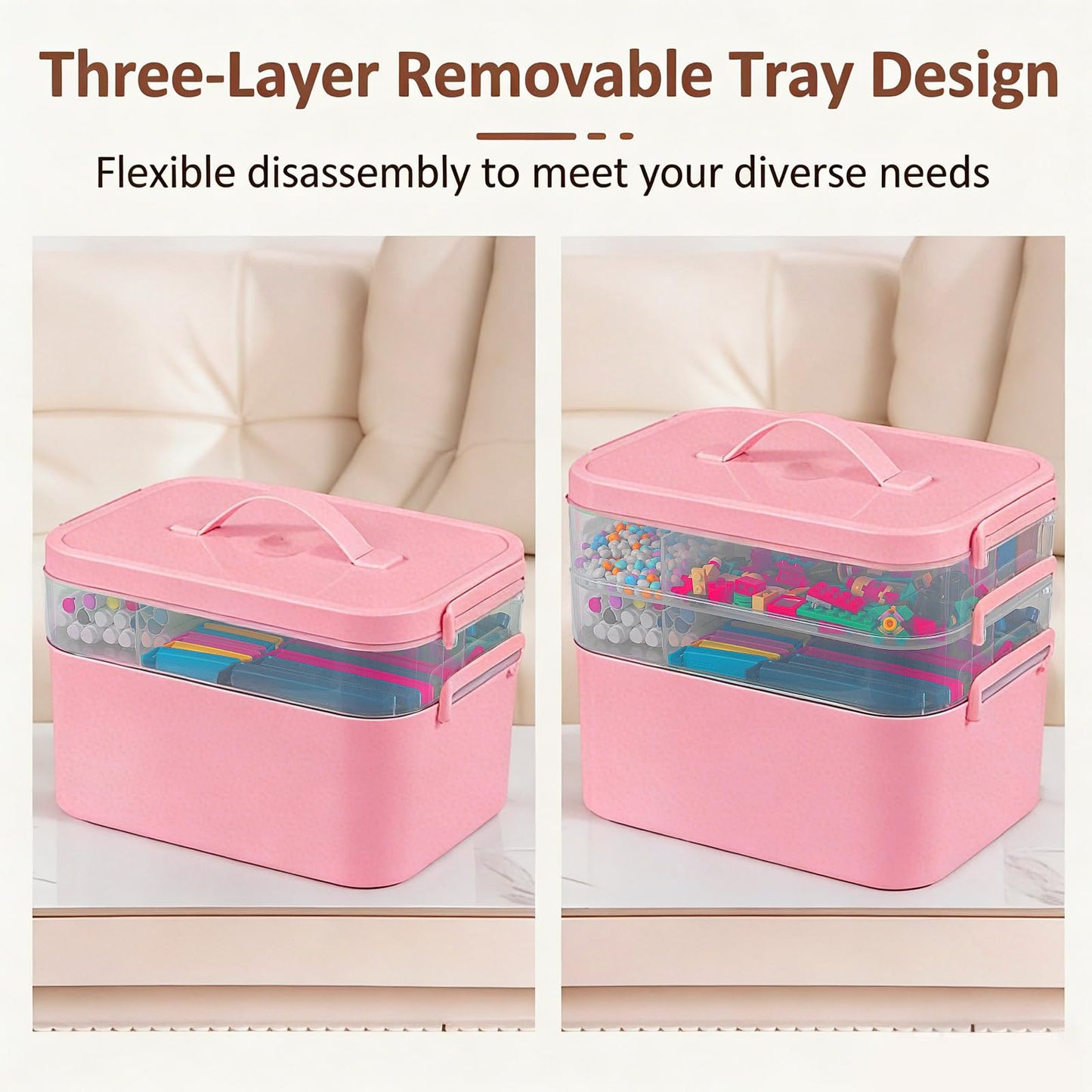 Gifhomfix 3-Layer Plastic Craft Organizers and Storage Box with Removable Trays, Storage Containers with lids and Handle, Art Supply Storage Organizer for Bead, Ornament, Nail Polish, Tape（Pink）
