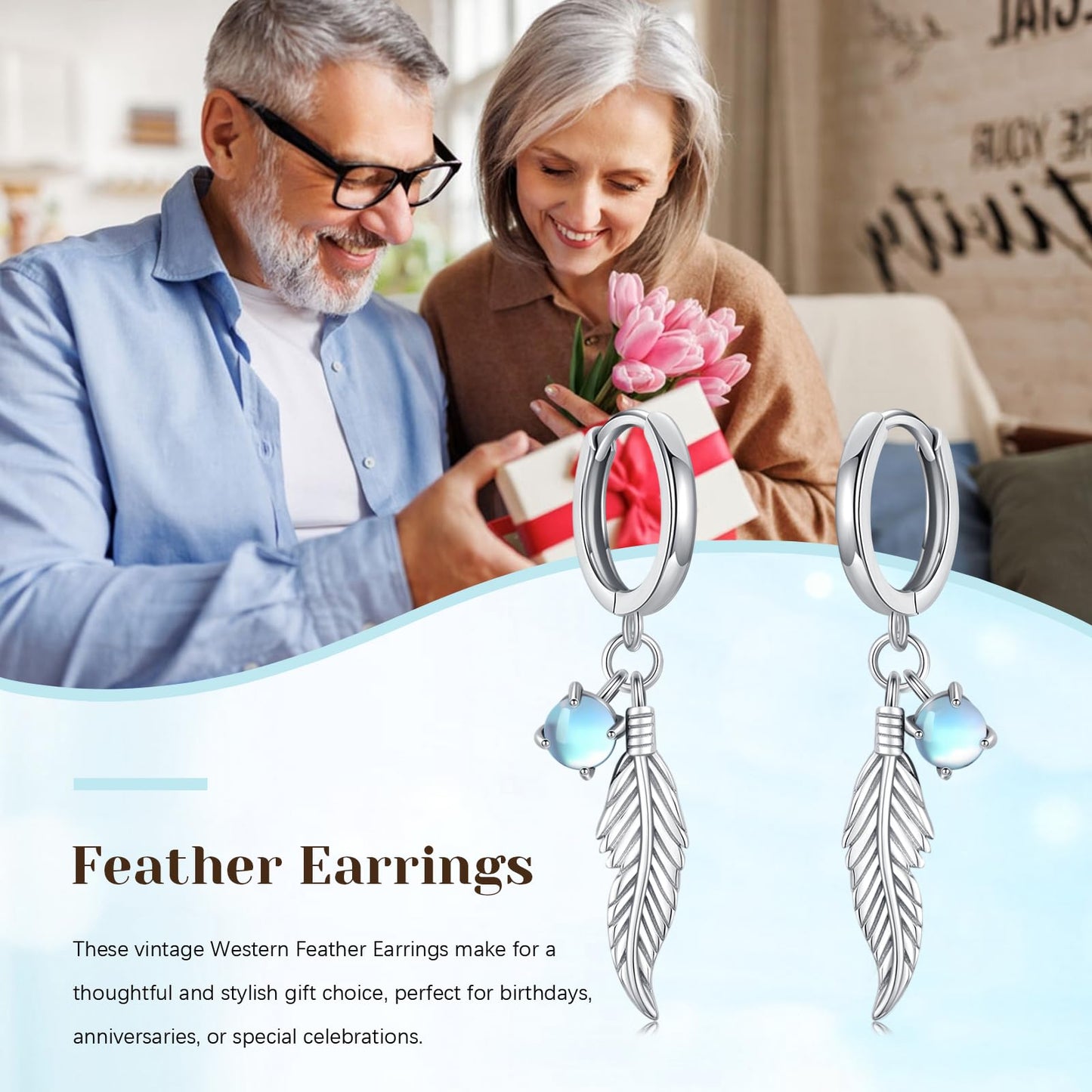 Feather Moonstone Earrings 925 Sterling Silver Moonstone Dangle Drop Earrings Feather Jewelry Bohemian Gifts for Women
