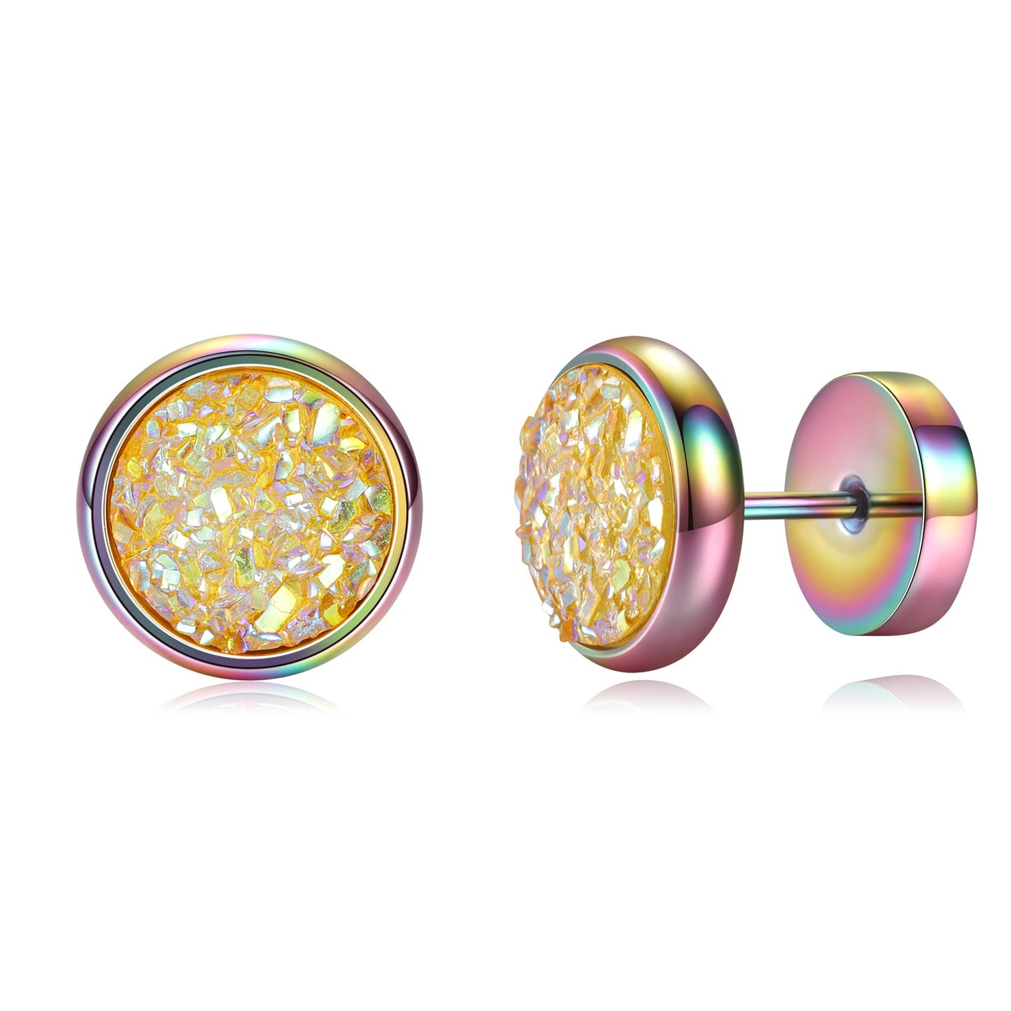 VOLUKA Crystal Stone Stud Earrings Flat Back Titanium Stainless Steel Hypoallergenic Cartilage Earrings Stud for Sensitive Ears Women Men(Yellow-Rainbow)