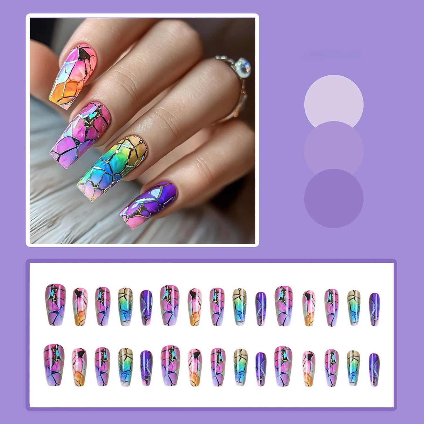 RUOKEXIN Coffin Press on Nails Medium Length Fake Nails Sparkly Stained Glass Windows False Nails with Designs Acrylic Artificial Nails Full Cover Glue on Nails Cute Stick on Nails for Women 24Pcs