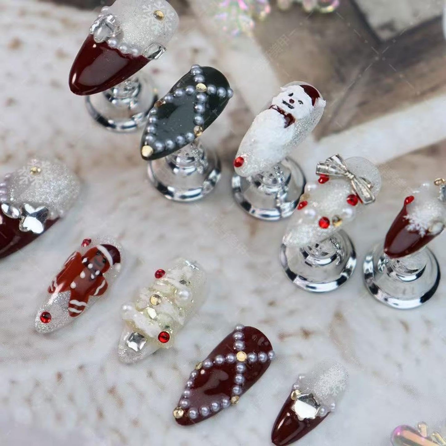 100% Handmade Press on Nails Christmas Press on Nails Medium Almond Shape Dark Red French Tips Snowman Design Rhinestones Christmas Tree Gingerbread Man Wintner Xmas Nails for Women Size L