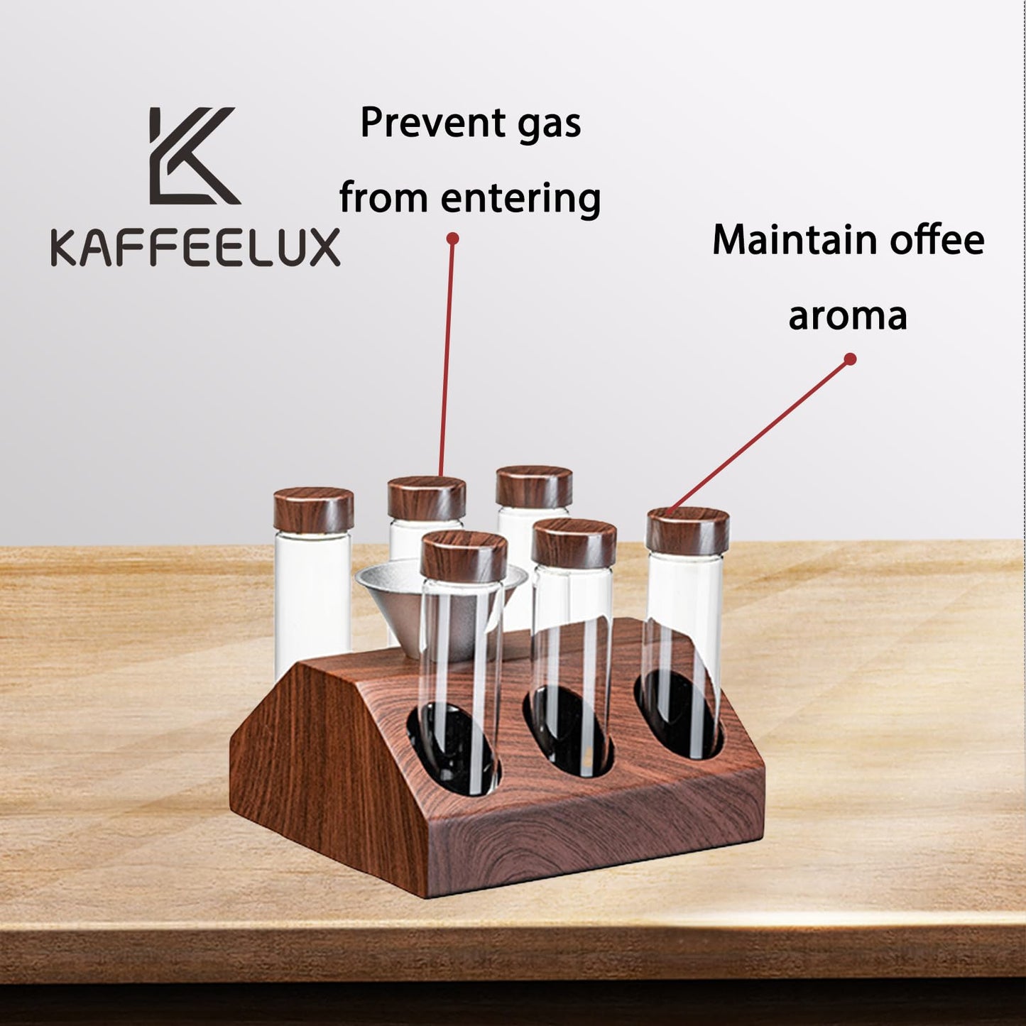 K KAFFEELUX Wooden Coffee Bean Sampling Set with Test Tubes, Funnel - Coffee Bean Storage & Tasting Kit for Coffee Lovers, Cafes (F)
