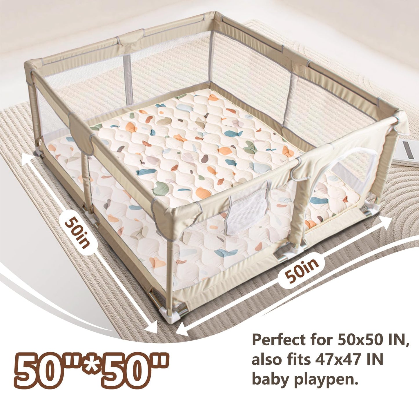 Beavtaens Baby Play Mat, 50x50 Playpen Mat with Super Soft Touch, Activity Playmat with Upgraded Anti-Slip Bottom, Machine Washable Crawling Mat for Floor & Picnic(Boho Color Blocks)