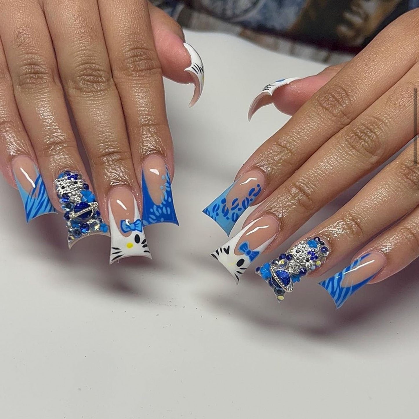 IMSOHOT Blue Press on Nails Gel Duck Fake Nails Handmade Y2K French False Nails Tips with Kitten Diamonds Designs Glossy Duckbill Nails for Women and Girls