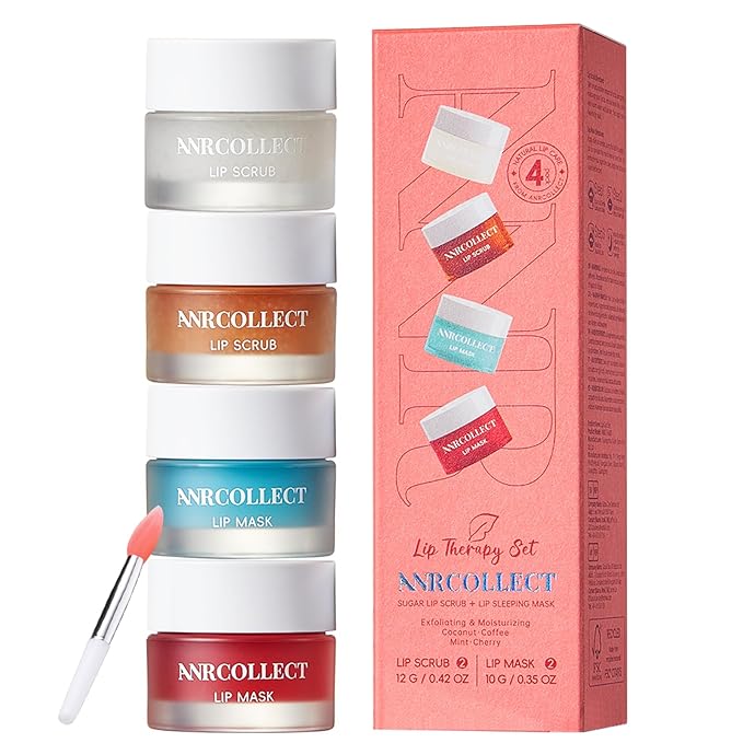 Lip Scrub and Lip Mask Set- Lip Treatment Care Kit with 2 Lip Exfoliator Scrub & 2 Lip Butter Mask, Intense Hydration Set for Dry Chapped Cracked Lips (4 Pack)