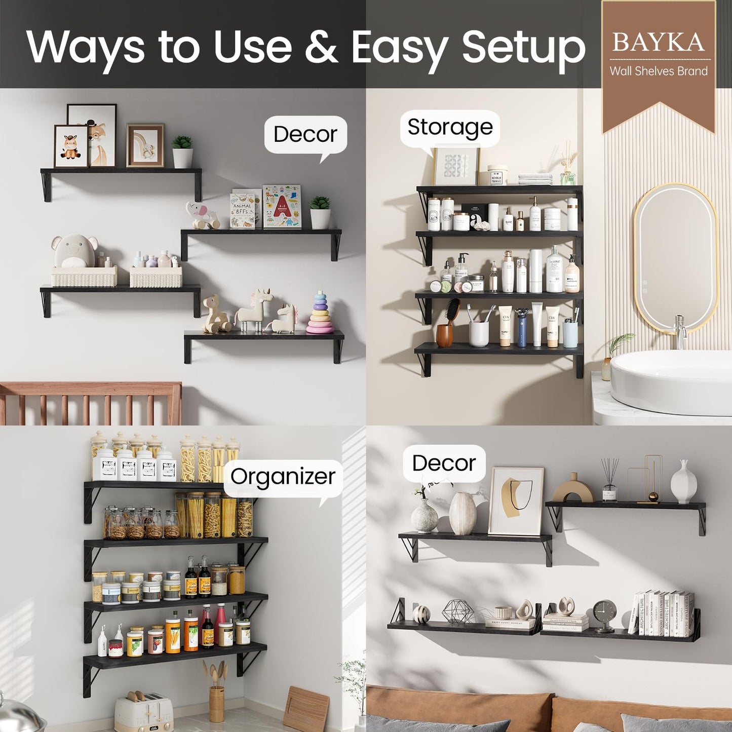 BAYKA Wall Mounted Floating Shelves, Wood Floating Wall Shelf for Books & Decor, Small Space-Saving Display & Organizer（Black，23in，Set of 4）