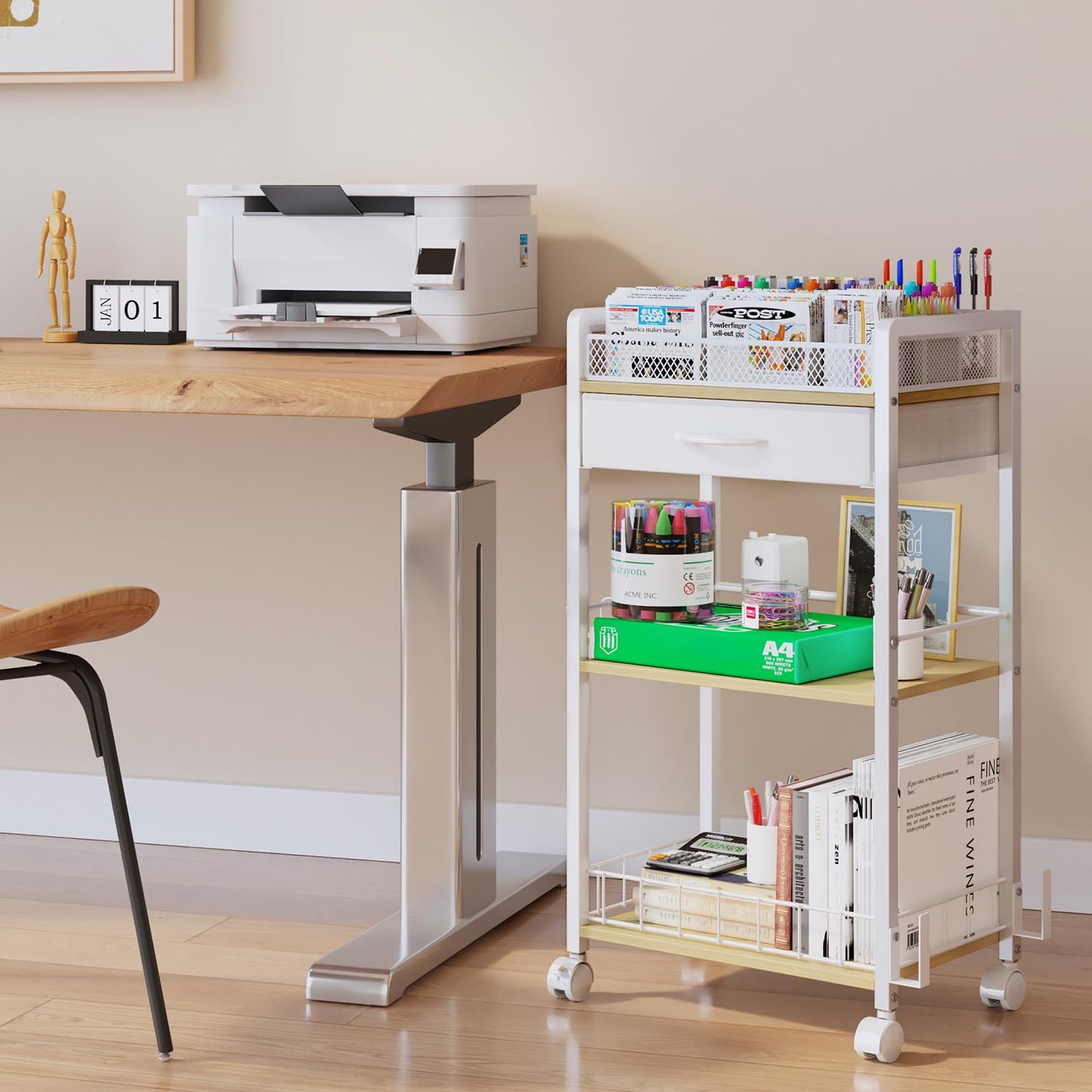 Homsorout 3 Tier Rolling Cart - Metal Utility Cart with Storage Drawer and Wheels, Versatile Art & Craft Organizer for Home, Office, or Studio Ideal for Storing Brushes, Paints, and Supplies White