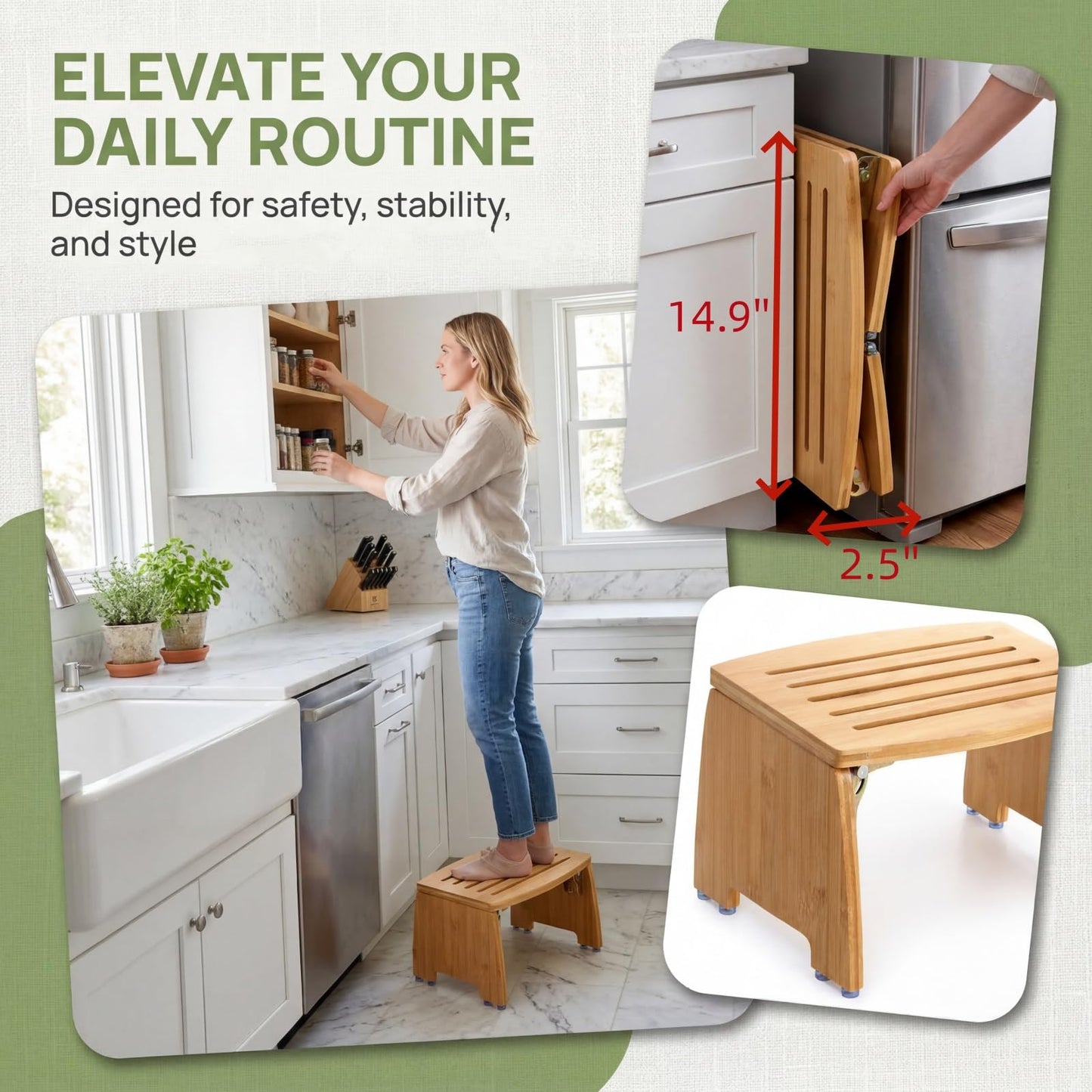 Lyellfe Bamboo Folding Step Stool, Non-Slip Leg Shaving Foot Rest Chair, Foldable One Step Stool for Home, Adults, Support up to 300lbs, Fully Assembled