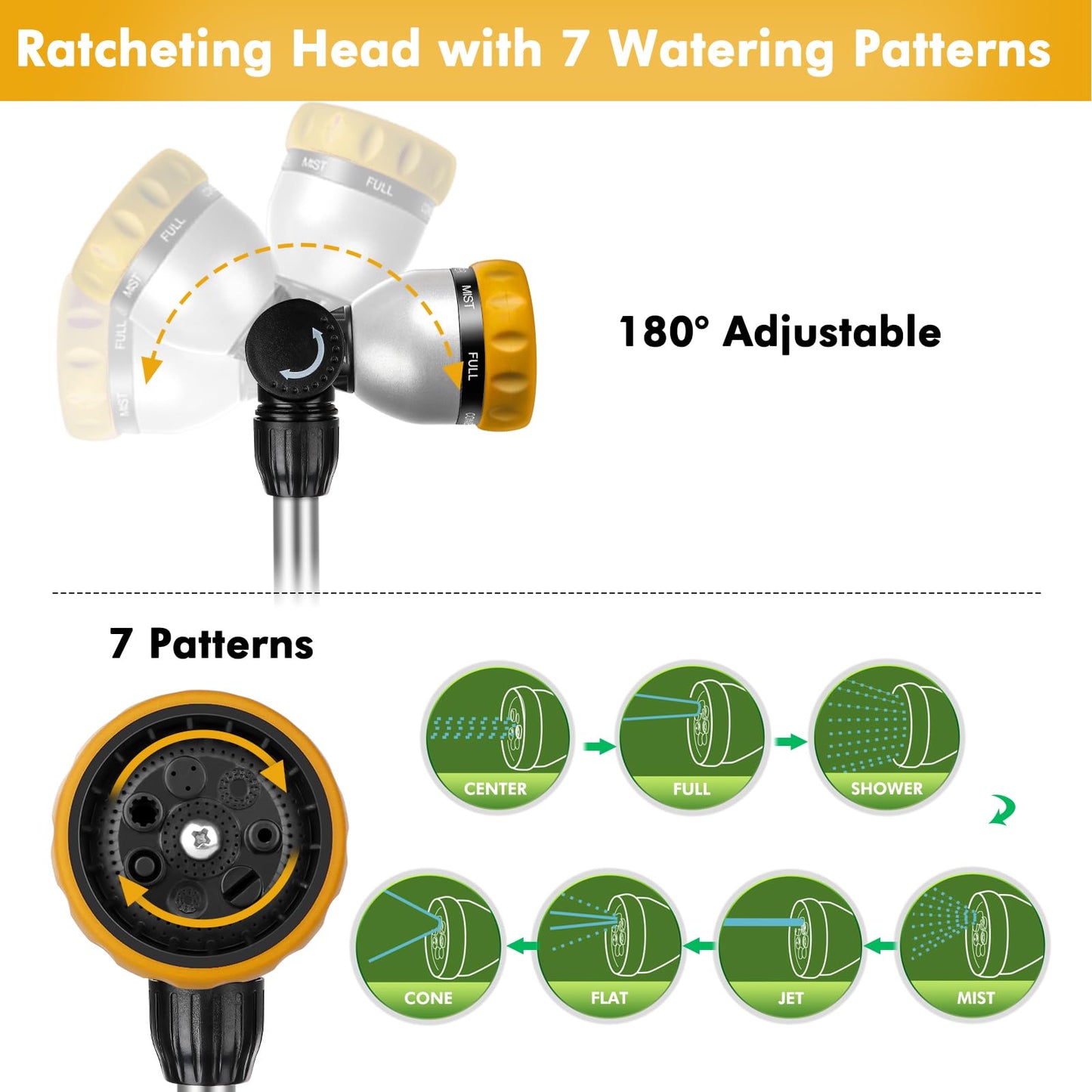 RESTMO 36”-60” Metal Watering Wand, Long Telescopic Tube | 180° Adjustable Ratcheting Head | 7 Spray Patterns | Flow Control, Perfect Garden Hose Sprayer to Water Hanging Baskets, Shrubs, Yellow