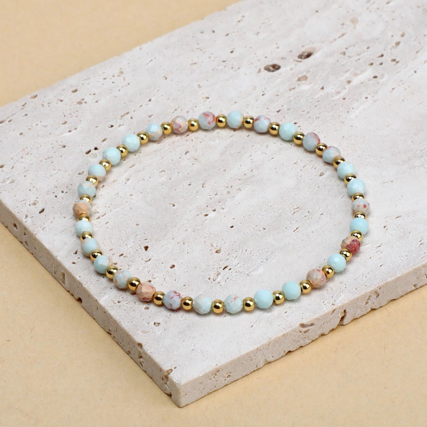 QOGIR Imperial Jasper - Stone of Success - 14K Gold Plated Beads Natural Gemstone Stretch Elastic Dainty Healing Beaded Bracelets Gifts 4mm