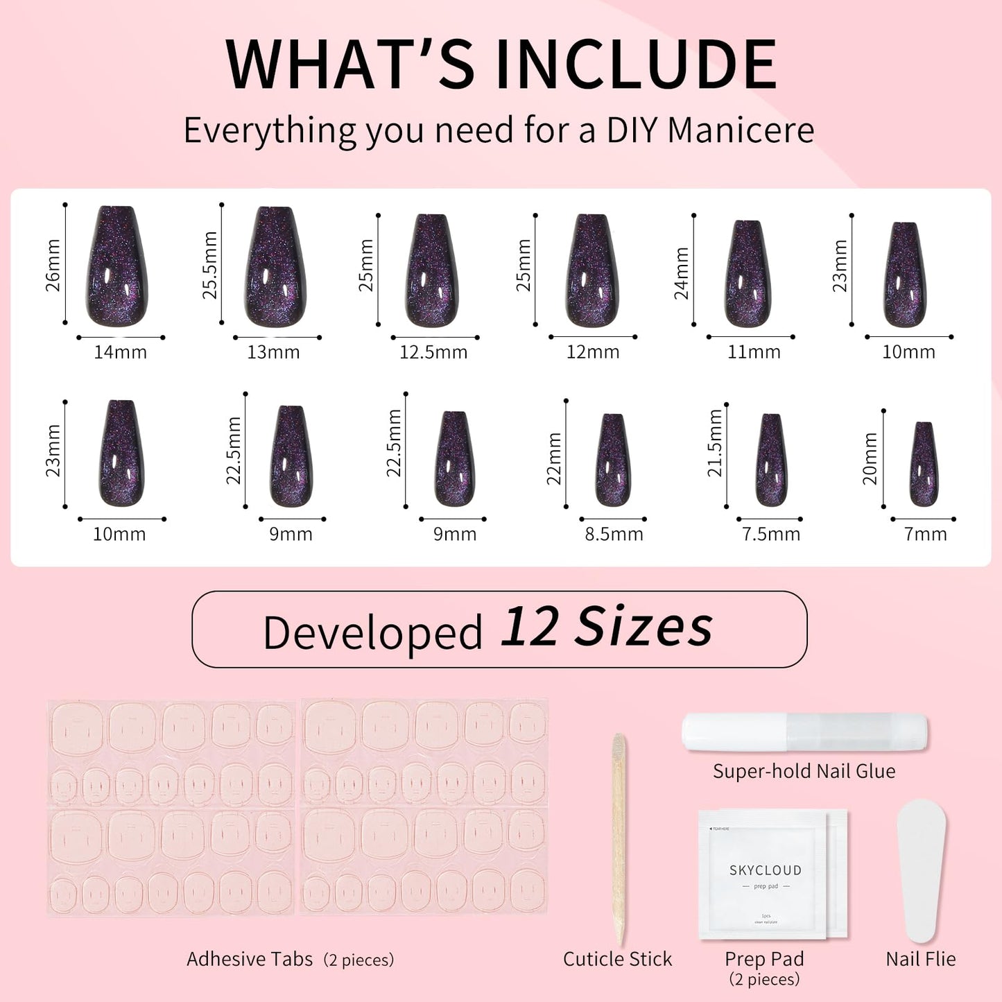 Cat Eyes Press On Nails,12 Sizes - 24 Pcs Soft Gel Dark purple Medium Coffin Fake Nails Kit with Nail Glue,Reusable Stick On False Nails for Women and Girls (Skycloud Cateye Dark purple) SK0705