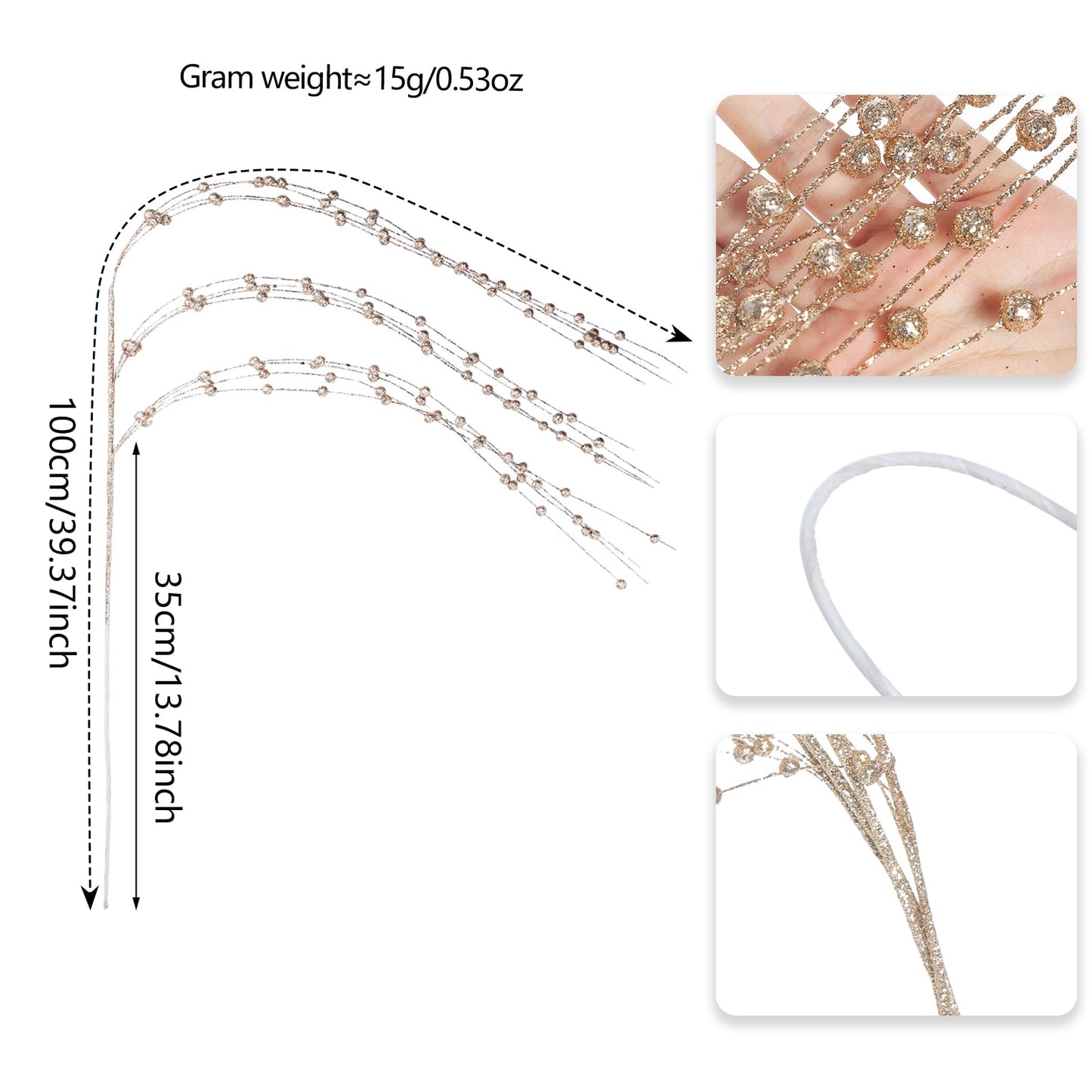 HRONG 24 PCS 39.37in Red Artificial Glitter Berry Stem Ornaments - Glittery Twigs，Branches for Christmas Tree Decorations, Holiday Wreaths, Wedding, DIY & Home Party Decor (Champagne)
