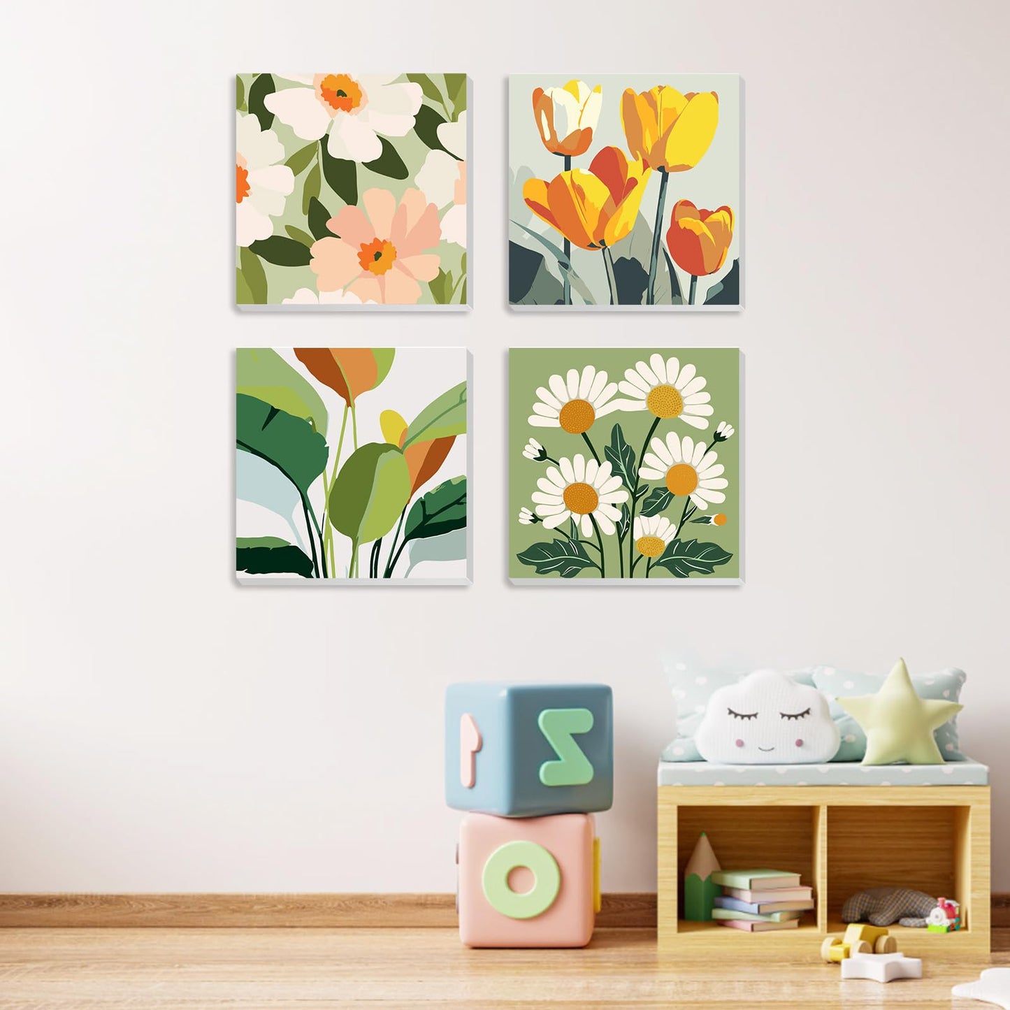 MXJSUA 4 Pack Flowers Green Plant Framed Paint by Numbers Kit with Canvas for Adults Beginner, DIY Acrylic Oil Painting Kits with Brushes for Home Wall Decor Gift (8x8 inch)