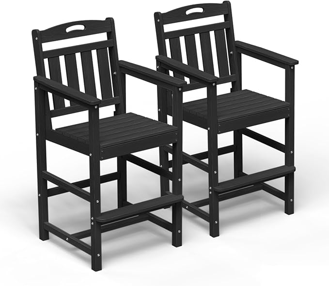 HDPE Outdoor Patio Tall Adirondack Bar Chairs Set of 2, All-Weather Bar Height Balcony Adirondack Stools for Bistro, Garden, Backyard, Pool, Deck | Matte Black
