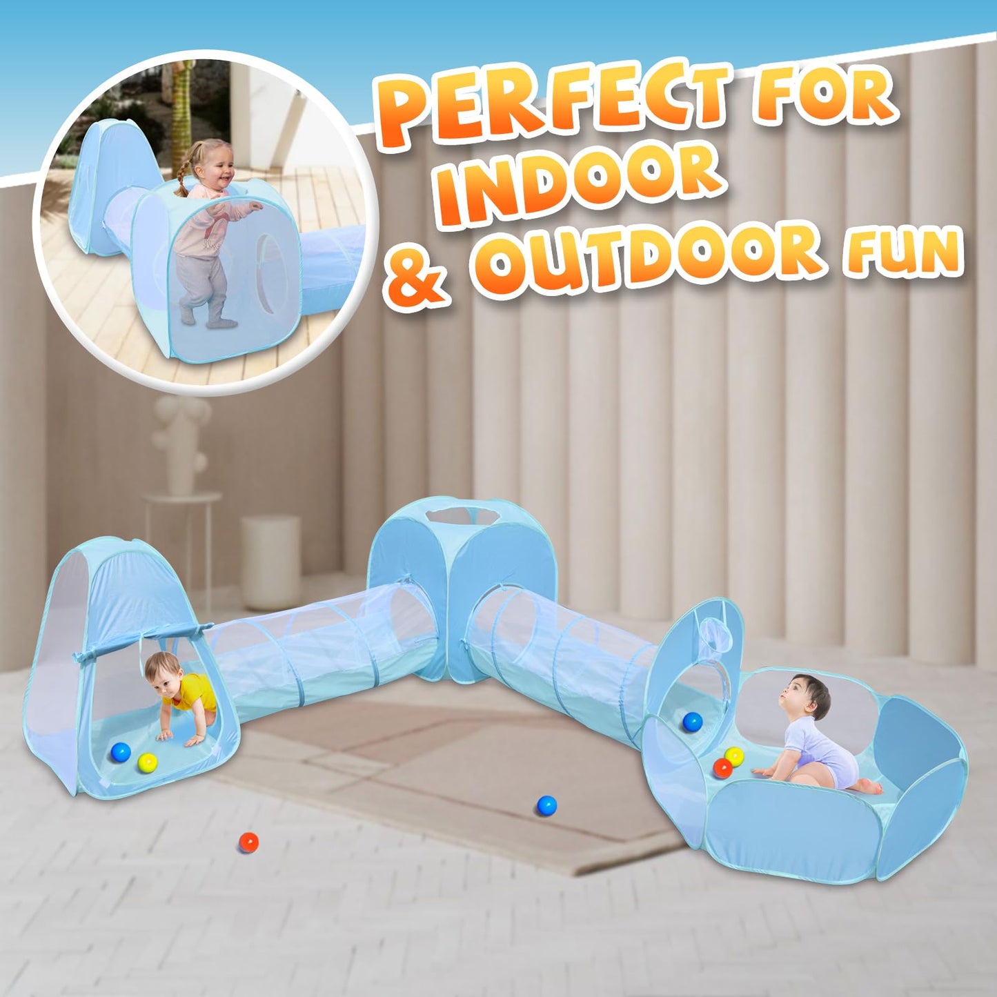 Action Air Kids Play Tent Set with Tunnel and Ball Pit, 5-in-1 Pop Up Playhouse for Toddlers 1-3 (Blue, Green)