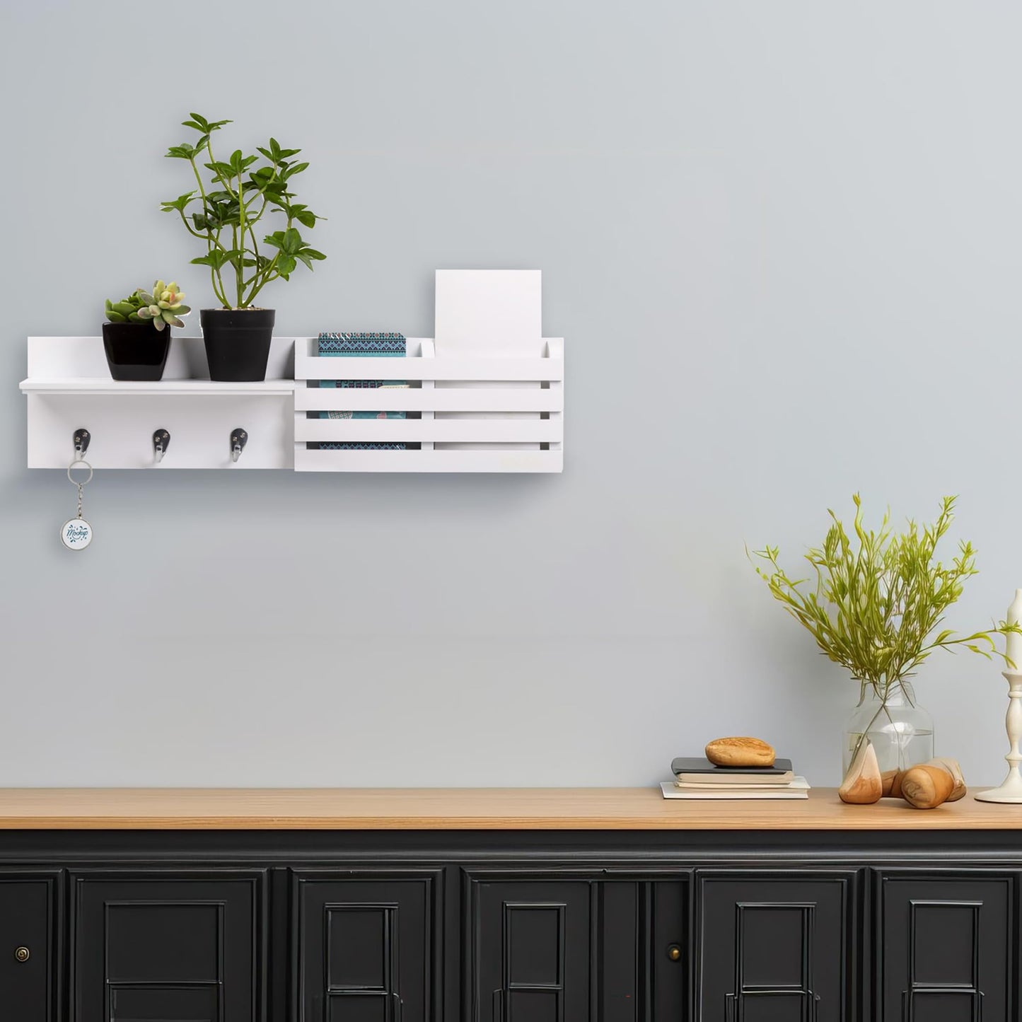 Kiera Grace Sydney Floating Shelf, Modern Wall Mounted Shelf with 3 Metal Hooks and Mail Holder for Home, Office, 24", White, 1Pack