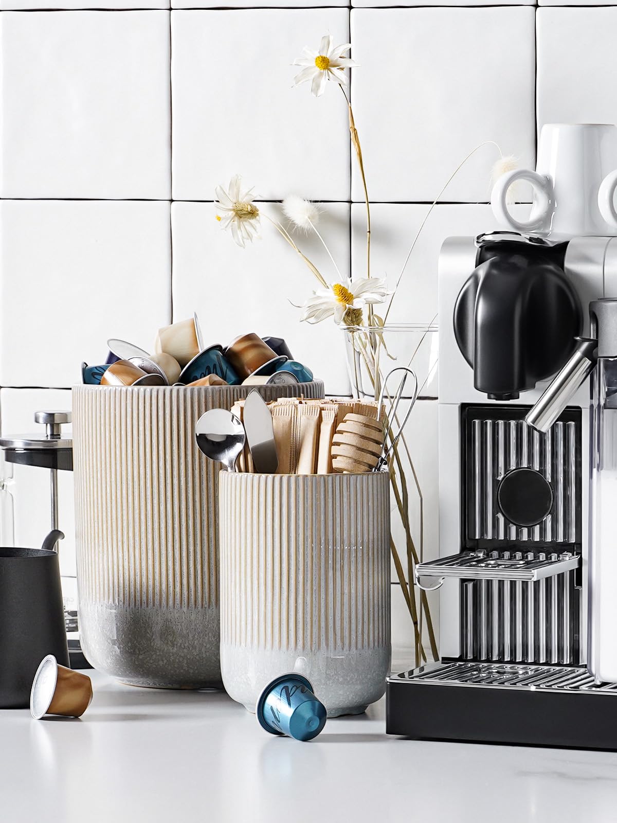 LE TAUCI Utensil Holder for Kitchen Counter, 7.3"+5.4" Fluted Ceramic Utensil Crock Organizer for Countertop, Heavy Large Holder for Spatulas, Spoons, Set of 2, Gray Marble