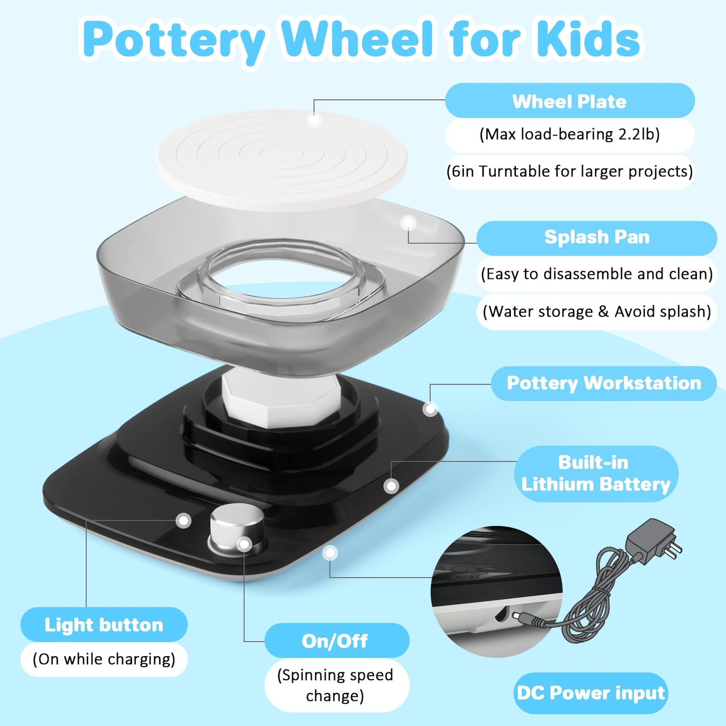 Pottery Wheel for Kids - Complete Pottery Kit & Tools for Beginners, Plug-in Rechargeable Battery, Upgraded Detachable Turntable Adjustable Speed, DIY Clay Maker for Kids 9-12 (Black, Patented)