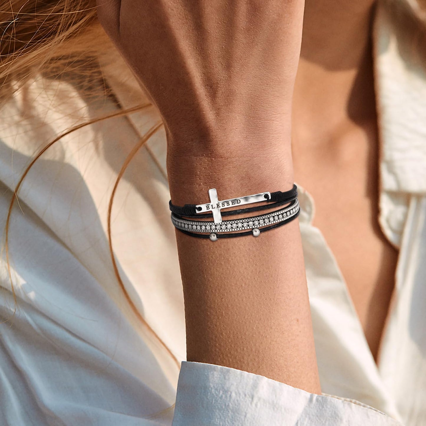 Leopard Bracelet for Women, Boho Leather Wrap Multi-Layer Pearl Crystal Bracelet Bangle Jewelry (Blessed Cross(Black))