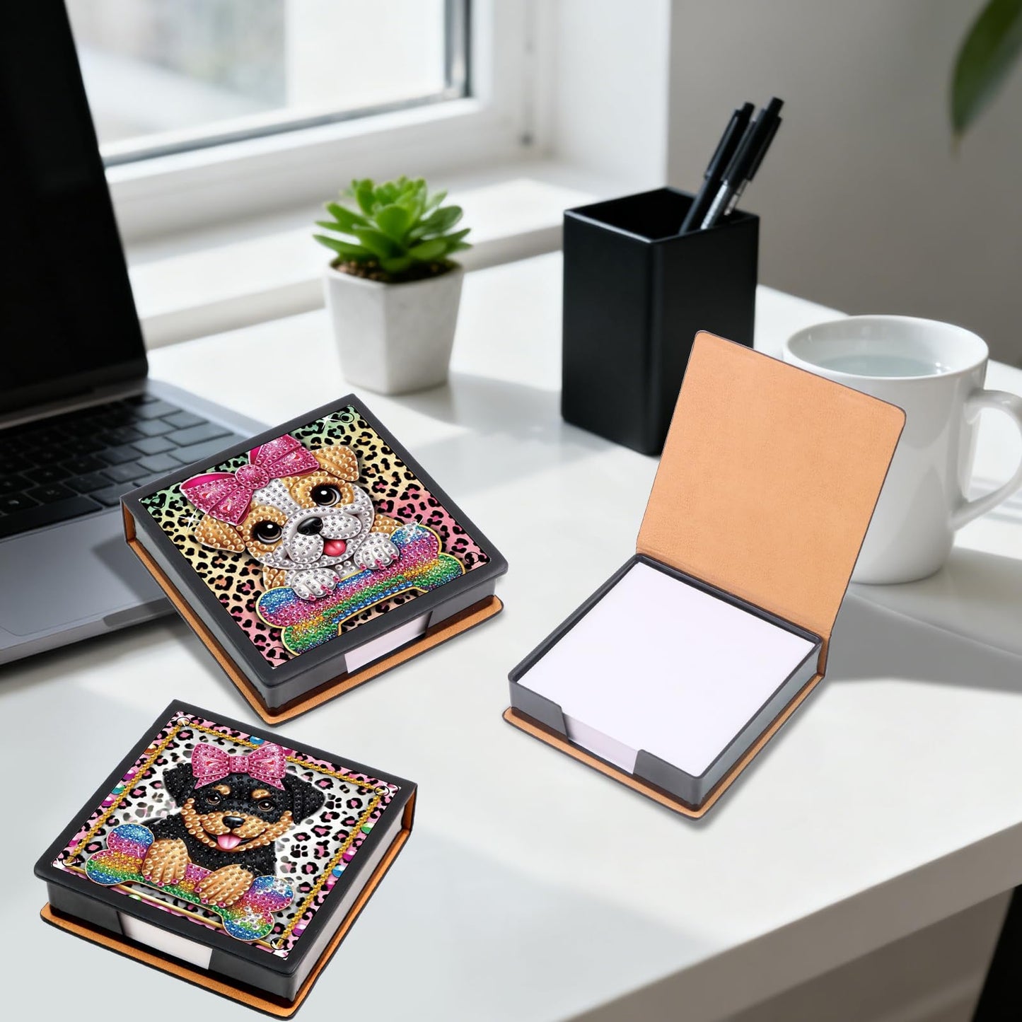 Formeydemi 2 pcs Dog Diamond Painting Kit Note Box,Animal Memo Paper Storage Box Diamond Art,Sticky Note Holder Diamond Art,Diamond Painting Memo Pad For Office Desk. (Animal)