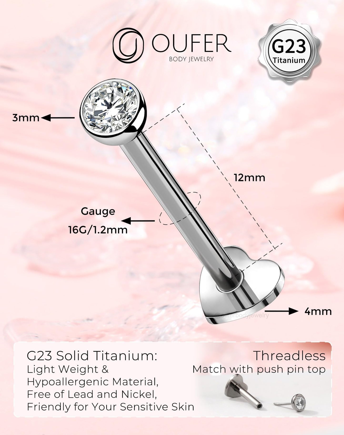 OUFER 2Pcs Conch Earring, 16G G23 Solid Titanium Threadless Stud Earrings Flat Back Heart Shaped Tiny CZ 3MM Silver Helix Cartilage Conch Lobe Piercing Jewelry for Women Men-12MM