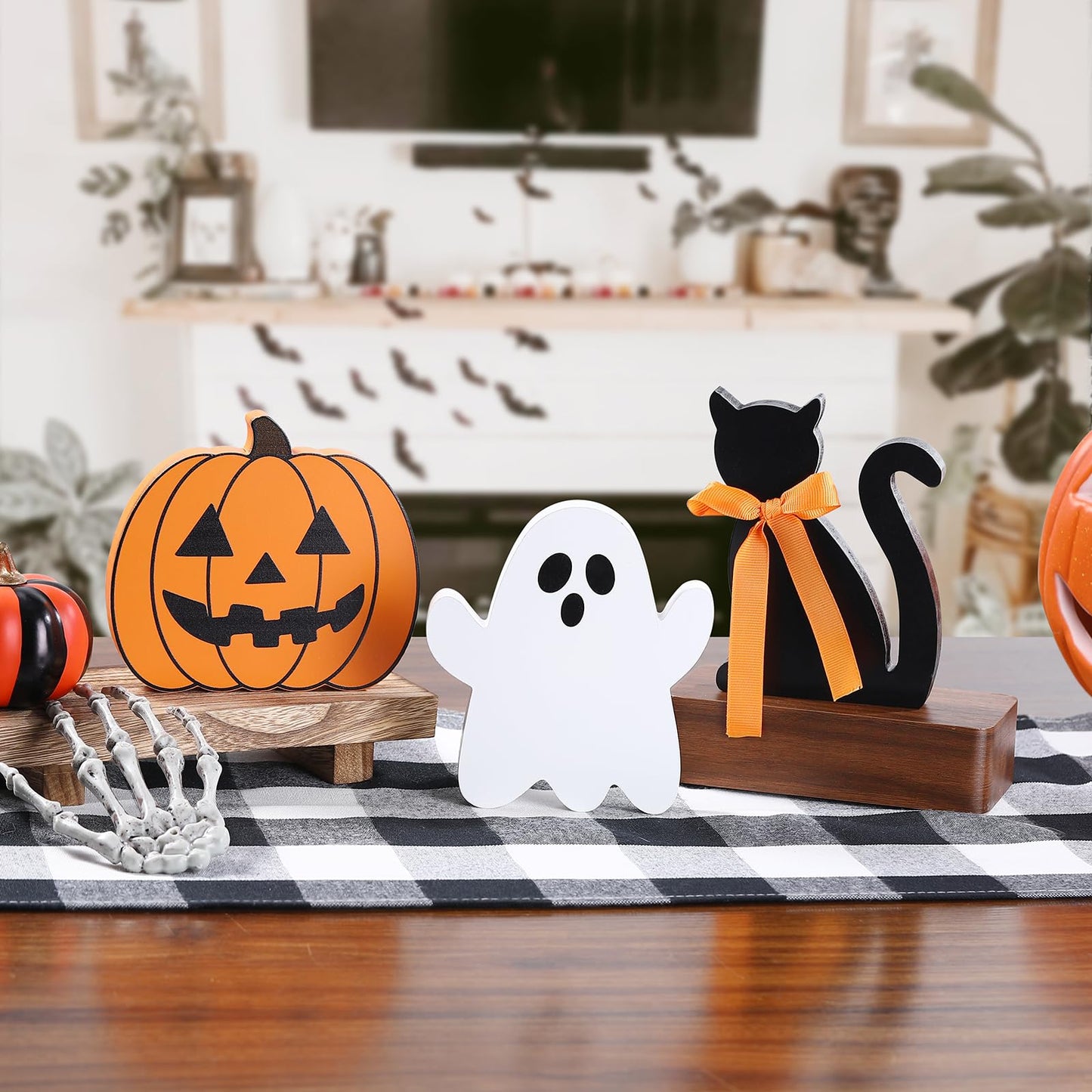 Halloween Decorations-Wooden Ghost Pumpkin Cat Blocks Signs-Cute Freestanding Table Signs for Rustic Farmhouse Home Mantle Decor